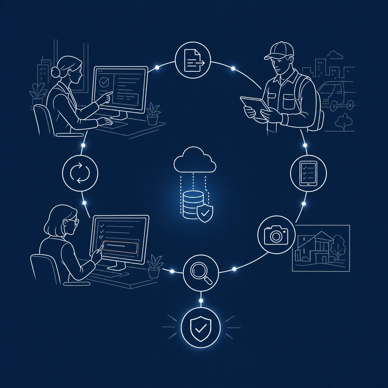 An office coordinator and field technician move through assignment, structured forms, photographic evidence, review, correction and verified approval.