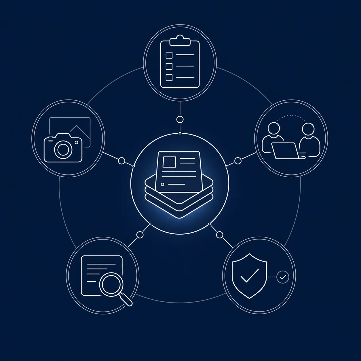 One shared operational record connects forms, photographic evidence, collaboration, review and traceable approval.
