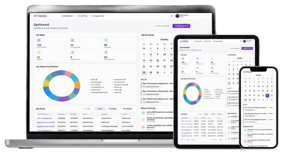 Valid Fibre job management dashboard displayed across desktop, tablet and mobile devices.