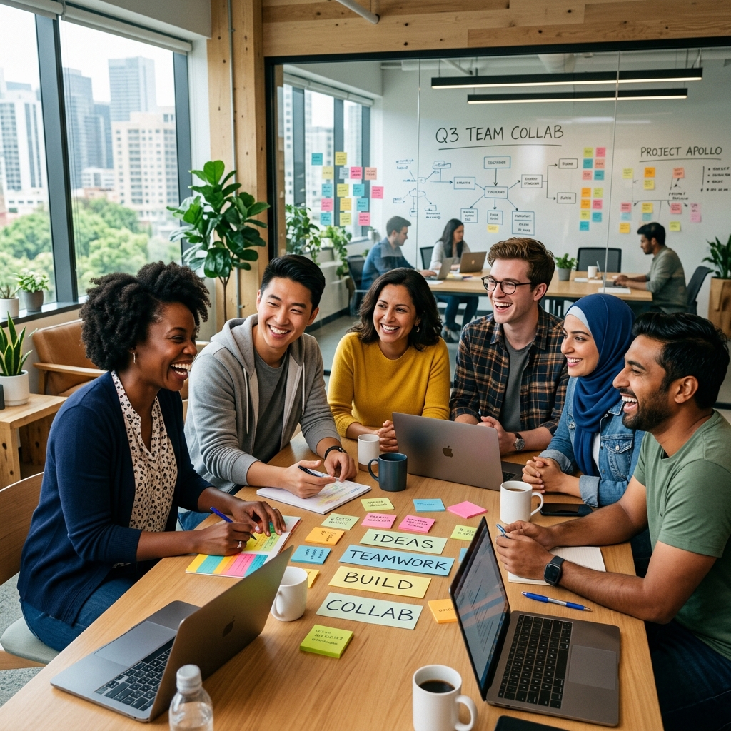 A happy diverse team collaborating in a bright modern tech office.