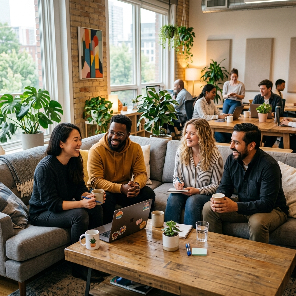 A cozy, modern tech office environment with people collaborating casually.